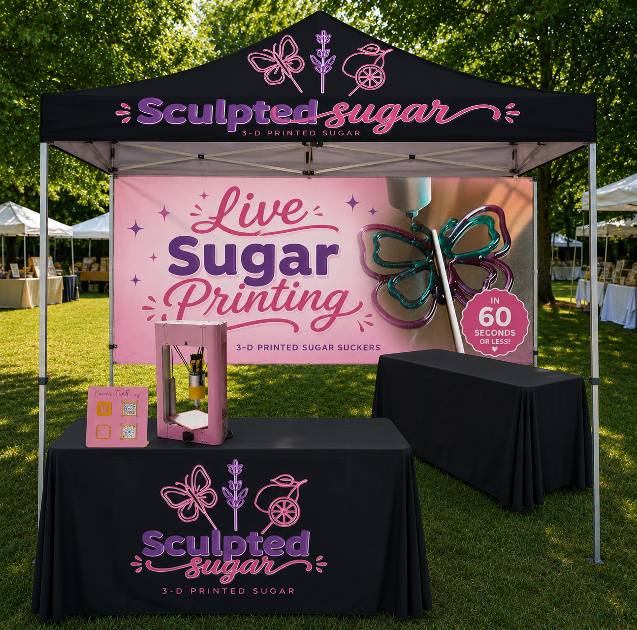 Sculpted Sugar Business in a Box — branded pop-up tent and signage setup